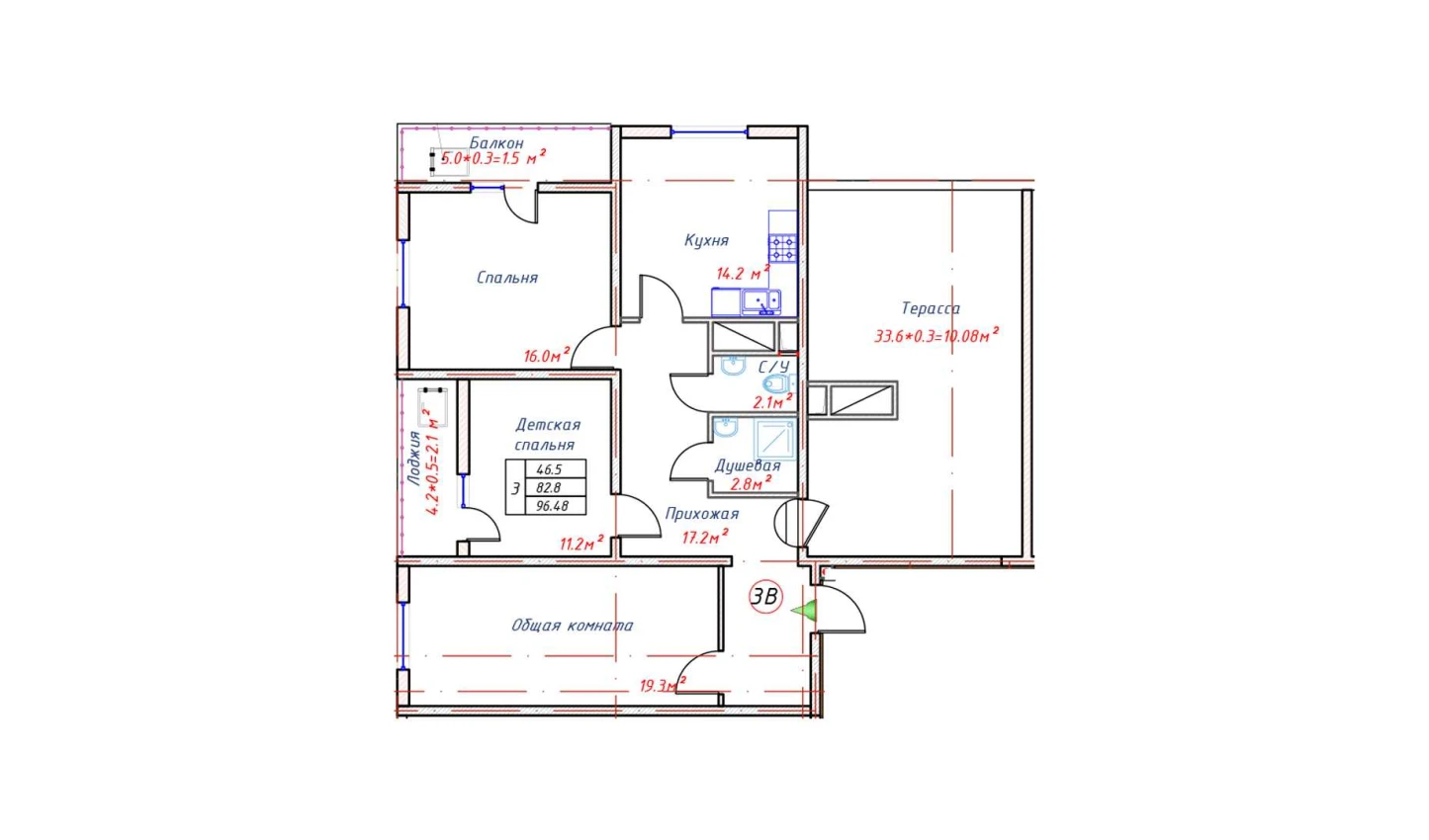 3-комн. квартира 96.48 м²  16/16 этаж | Жилой комплекс TRINITY