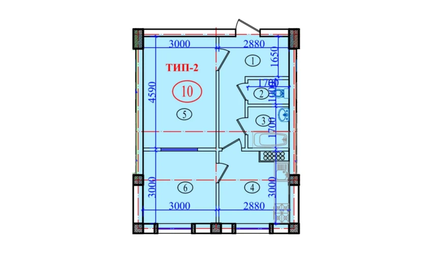 2-xonali xonadon 51.2 m²  3/9 qavat | Orzular Turar-joy majmuasi