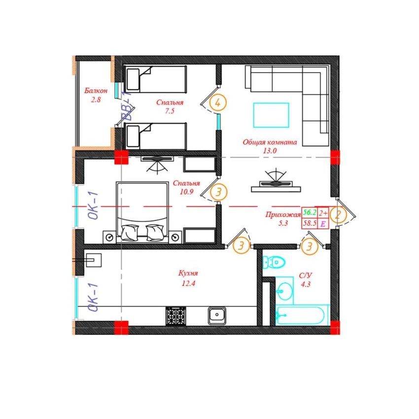 2-xonali xonadon 58.5 m²  2/12 qavat | CHINARA PARK Turar-joy majmuasi