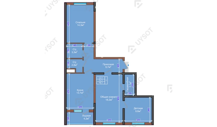 3-комнатная квартира 78.7 м²  2/9 этаж | Жилой комплекс NUR HAYAT