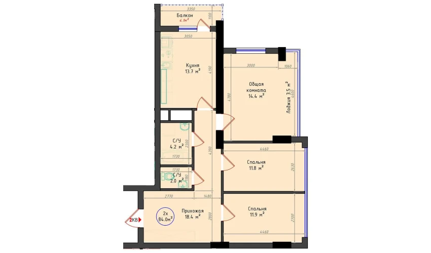 2-комнатная квартира 84 м²  18/25 этаж | Жилой комплекс Brilliant City