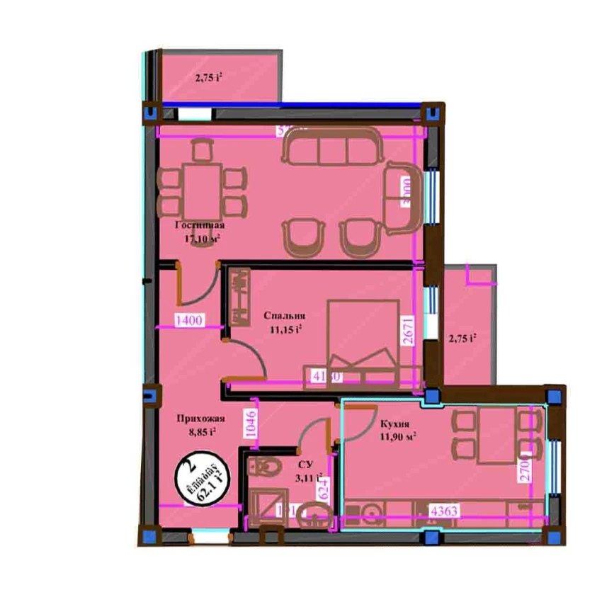 2-комн. квартира 62.1 м²  7/11 этаж | Жилой комплекс ANHOR AVENUE