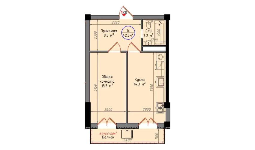 1-комнатная квартира 42.5 м²  2/12 этаж | Жилой комплекс Zamin Jizzax