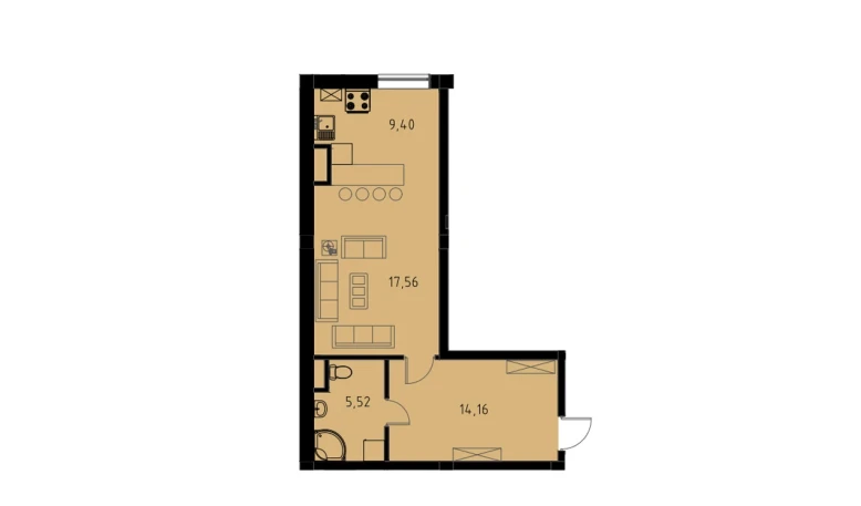 1-комнатная квартира 46.64 м²  2/9 этаж | Жилой комплекс MINGCHINOR
