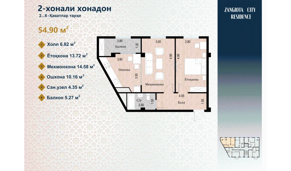 2-комн. квартира 54.9 м²  2/7 этаж | Жилой комплекс Zangota City 2 - ETAP