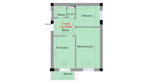 2-комнатная квартира 52 м²  8/8 этаж | Жилой комплекс Saxro