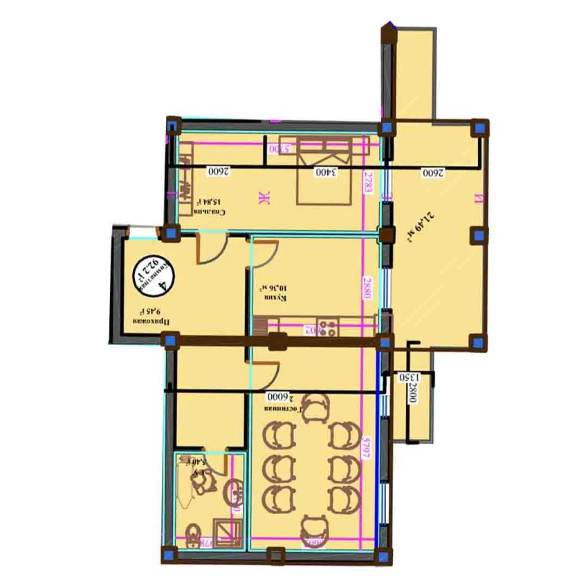 4-xonali xonadon 92.2 m²  11/11 qavat | ANHOR AVENUE Turar-joy majmuasi