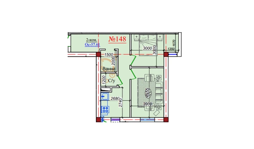 2-комнатная квартира 57.61 м²  2/9 этаж | Жилой комплекс ZAR ZAMONAVIY UYLAR