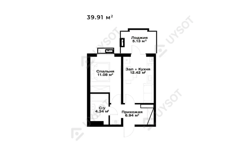 1-комнатная квартира 33.91 м²  2/15 этаж | Жилой комплекс Assalom Bog'lar