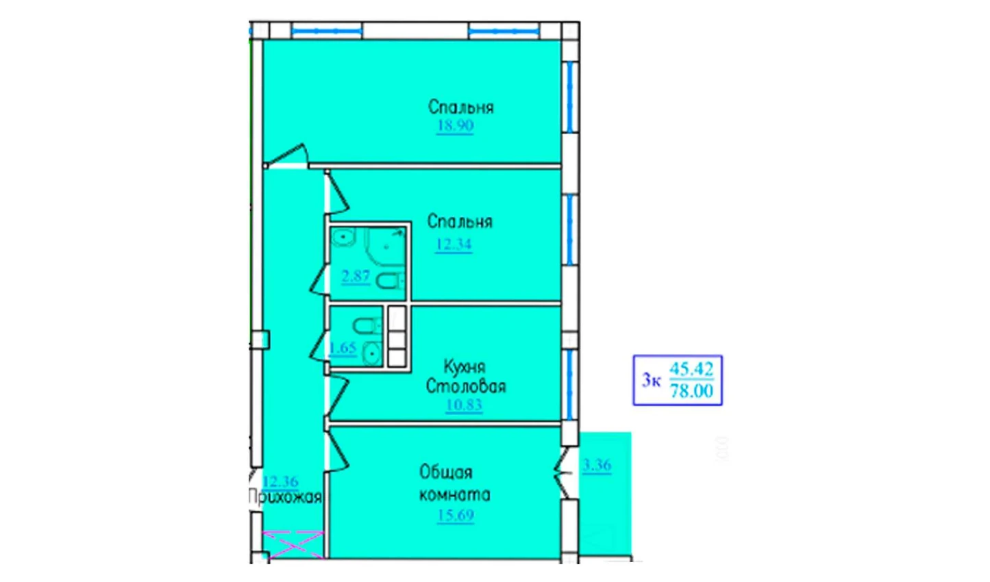 3-xonali xonadon 78 m²  3/9 qavat | PROVANS Turar-joy majmuasi