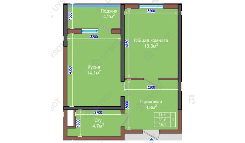 1-комнатная квартира 46.1 м²  2/9 этаж | Жилой комплекс NUR HAYAT