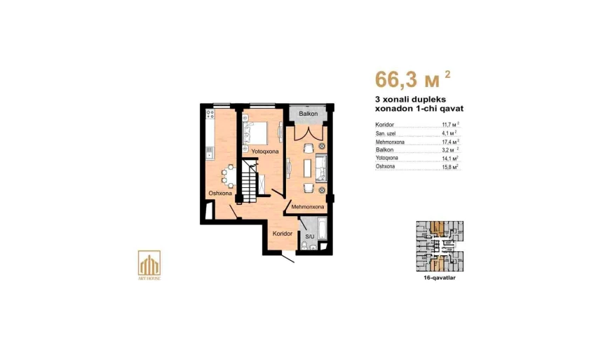 2-xonali xonadon 129 m²  16/16 qavat | Musaffo Turar-joy majmuasi