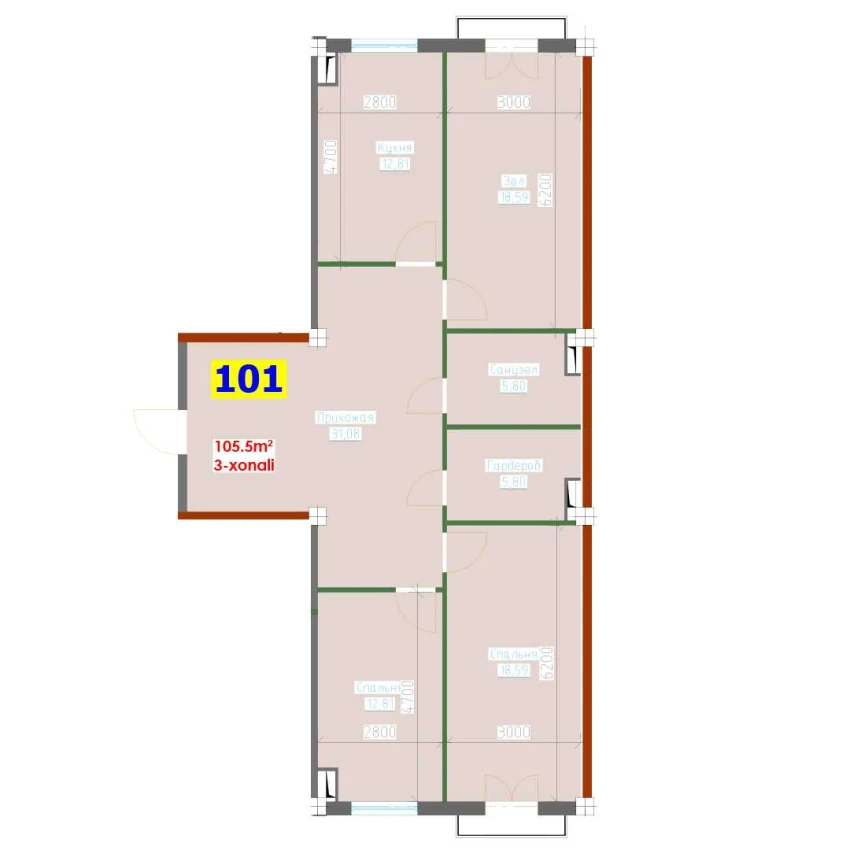 3-xonali xonadon 105.5 m²  4/9 qavat | YANGI AVLOD Turar-joy majmuasi