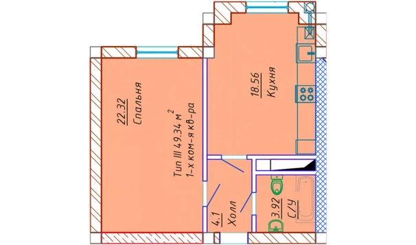 1-xonali xonadon 49.34 m²  9/10 qavat | Samarqand Park Avenue Turar-joy majmuasi
