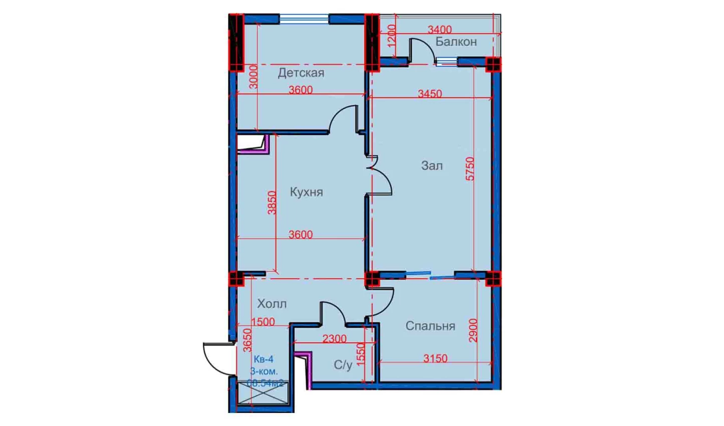 3-xonali xonadon 68.54 m²  11/12 qavat | Sokin city Turar-joy majmuasi