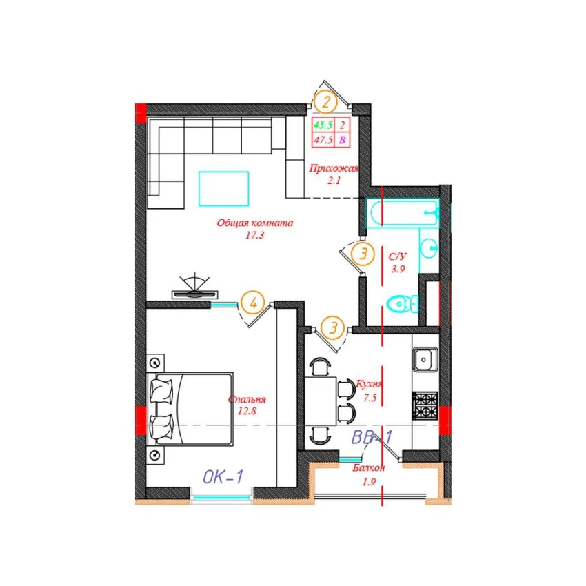 2-комн. квартира 47.5 м²  7/12 этаж | Жилой комплекс CHINARA PARK