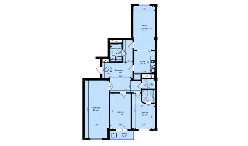 4-xonali xonadon 124.2 m²  5/19 qavat | BRILLIANT CITY AC Turar-joy majmuasi