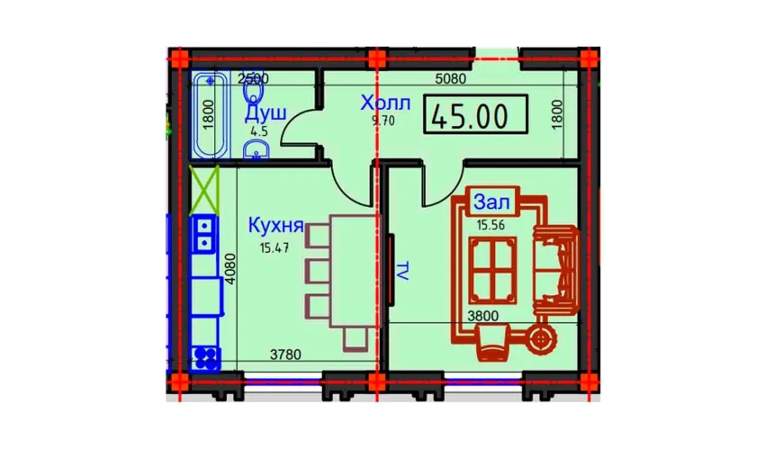 1-комнатная квартира 45 м²  1/9 этаж | Жилой комплекс BAHOR