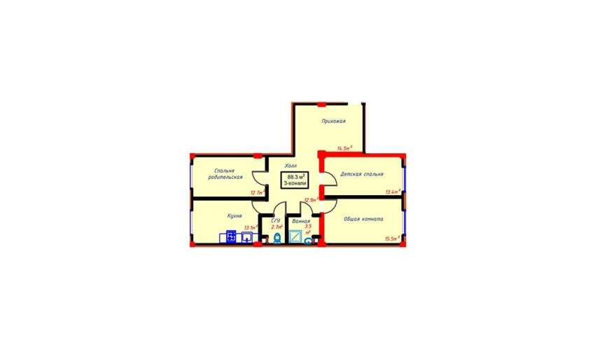 4-комнатная квартира 102.7 м²  3/10 этаж | Жилой комплекс Turon