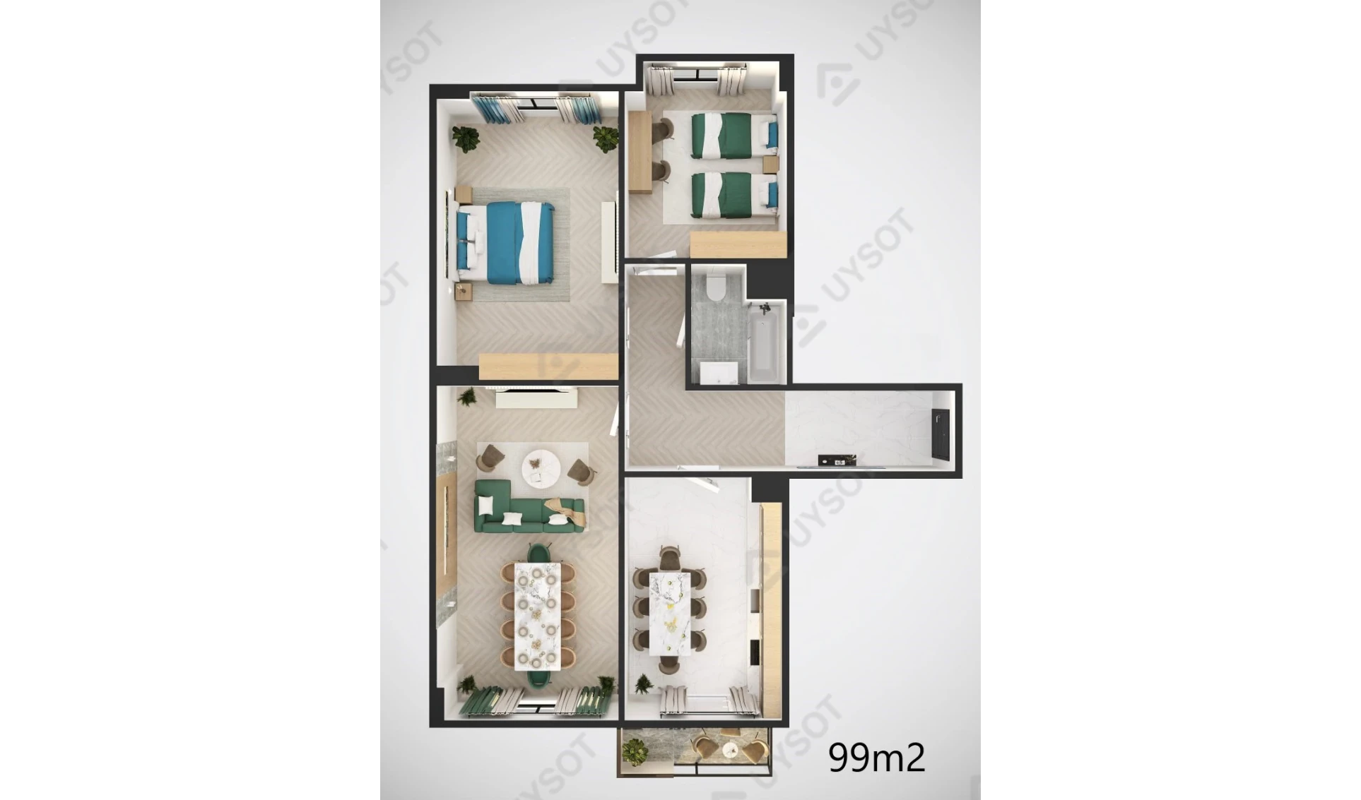 3-xonali xonadon 99 m²  1/12 qavat | MODERN SERGELI Turar-joy majmuasi