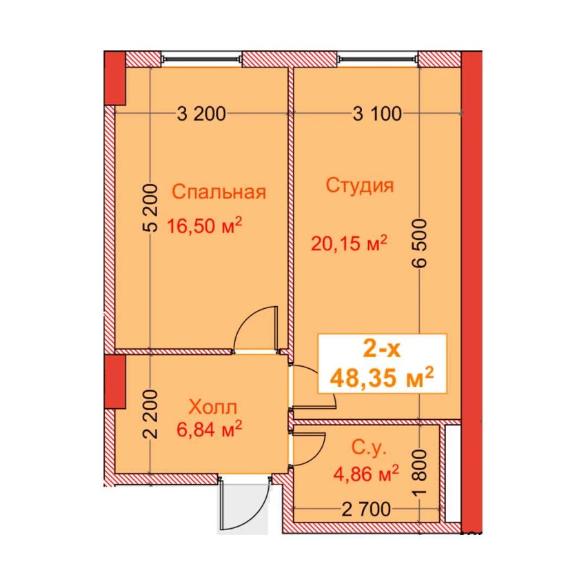 2-комн. квартира 48.35 м²  2/8 этаж | Жилой комплекс CAPITAL AVENUE