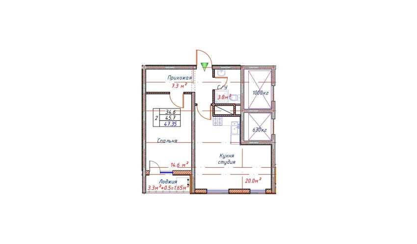 2-комнатная квартира 45.7 м²  16/16 этаж | Жилой комплекс Crystal Avenue