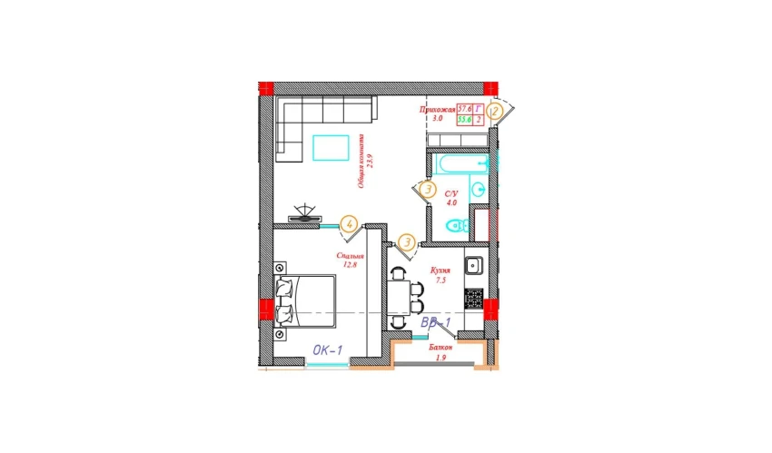 2-комнатная квартира 57.6 м²  9/12 этаж | Жилой комплекс CHINARA PARK