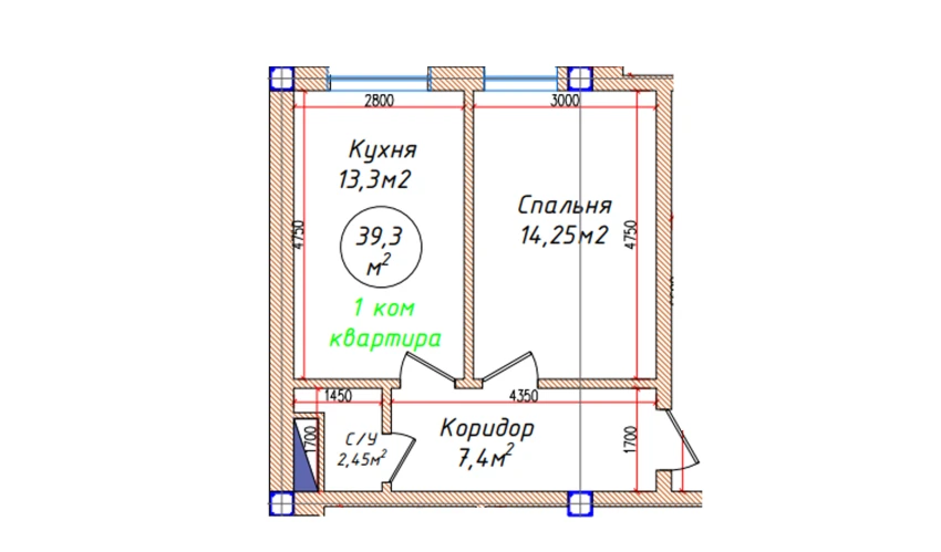 1-xonali xonadon 39.3 m²  5/5 qavat | Oq mahalla Turar-joy majmuasi