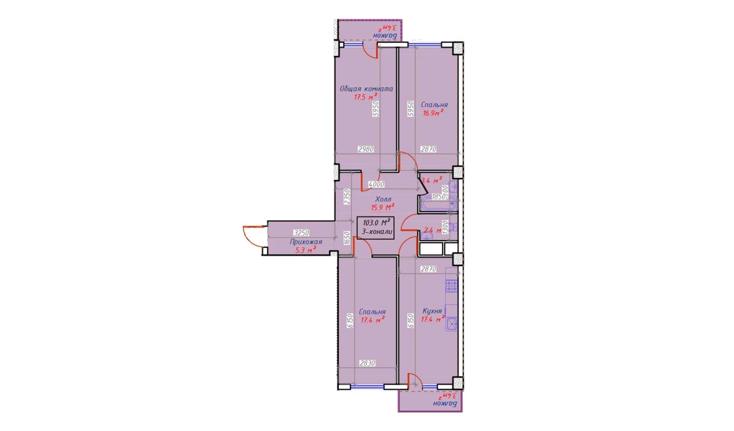 3-комн. квартира 103 м²  12/16 этаж | Жилой комплекс Sam House (Qora Suv)