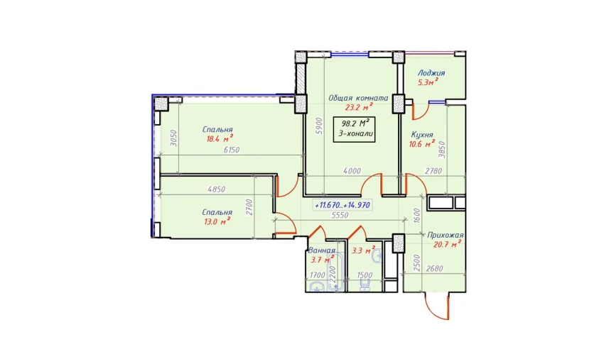 3-комнатная квартира 98.2 м²  11/16 этаж | Жилой комплекс Sam House (Qora Suv)