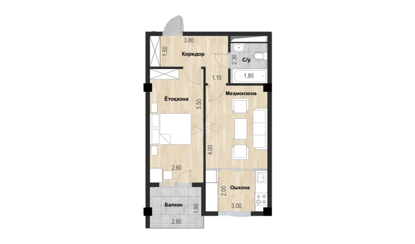 2-комнатная квартира 47.8 м²  2/7 этаж | Жилой комплекс Bochka Resort