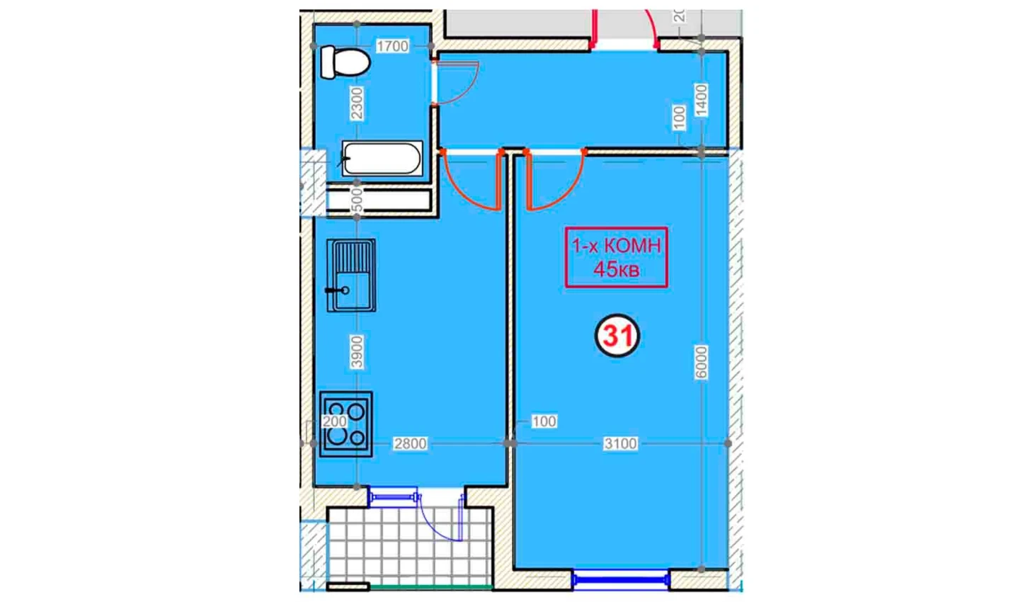 1-xonali xonadon 45 m²  4/9 qavat | XUMO Turar-joy majmuasi