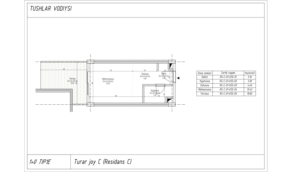 1-xonali xonadon 26.6 m²  1/7 qavat | TUSHLAR VODIYSI Turar-joy majmuasi