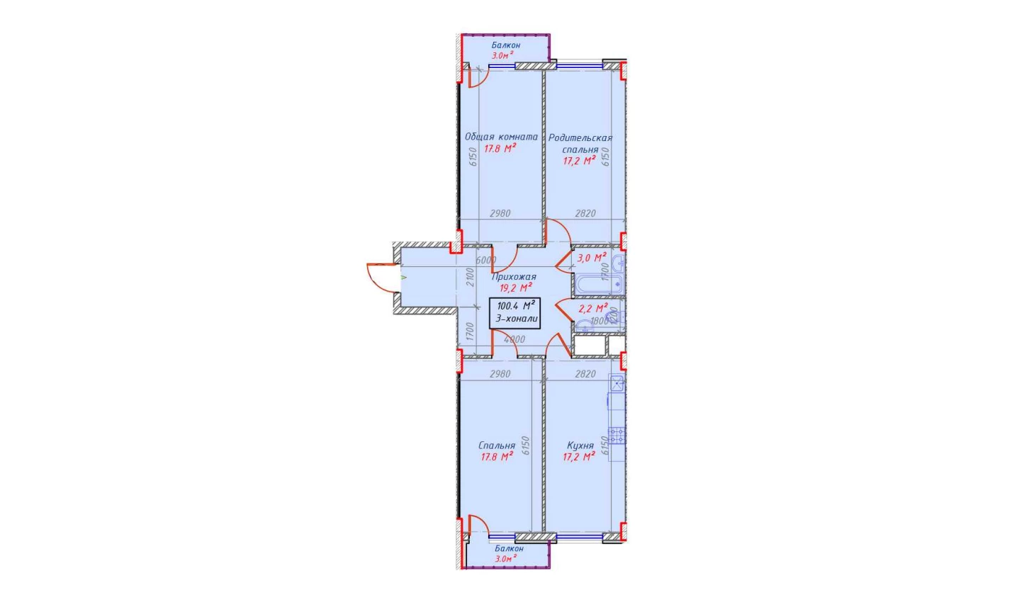 3-комн. квартира 100.4 м²  8/16 этаж | Жилой комплекс Sam House (Qora Suv)