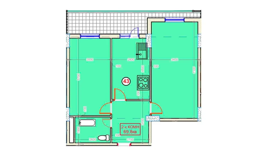 2-комнатная квартира 69.8 м²  2/9 этаж | Жилой комплекс XUMO