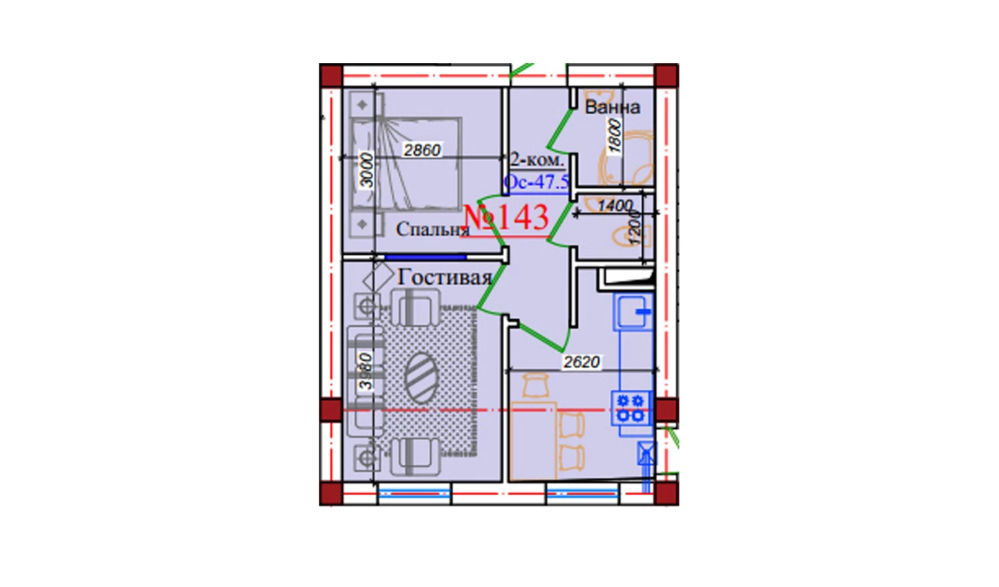 2-xonali xonadon 47.5 m²  6/9 qavat | ZAR ZAMONAVIY UYLAR Turar-joy majmuasi