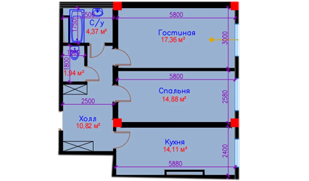 2-xonali xonadon 63.48 m²  10/10 qavat | Ko'kcha-Oqtepa Turar-joy majmuasi