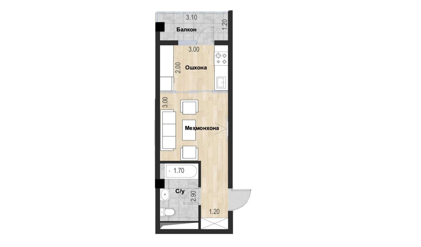 1-xonali xonadon 27.25 m²  3/7 qavat | Bochka Resort Turar-joy majmuasi