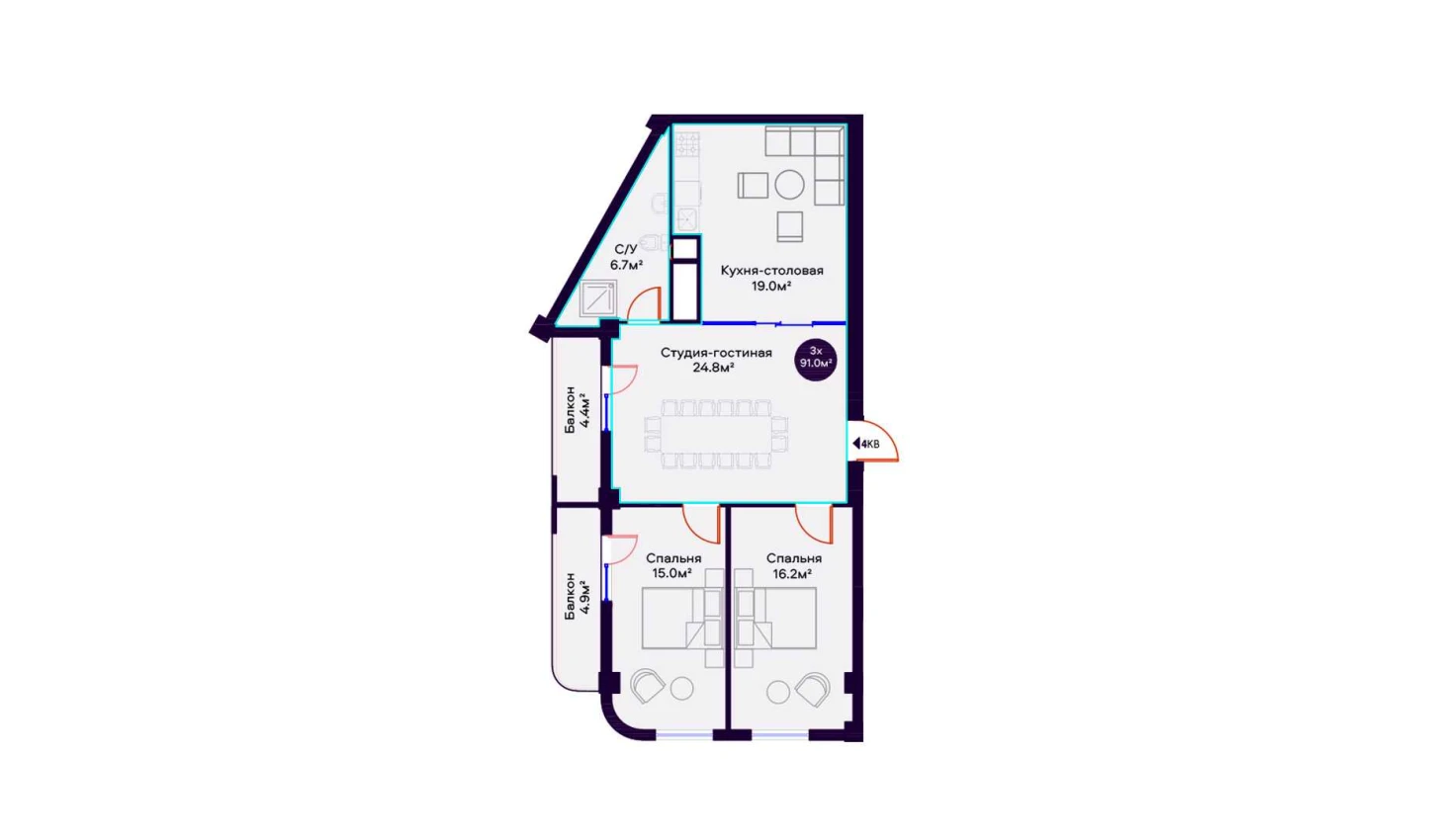 3-комн. квартира 91 м² 7/16 этаж | Жилой комплекс Havas Premium 3-комн. квартира 91 м² 7/16 этаж | Жилой комплекс Havas Premium