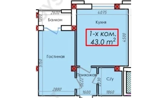 1-комнатная квартира 43 м²  1/16 этаж | Жилой комплекс Bodomzor