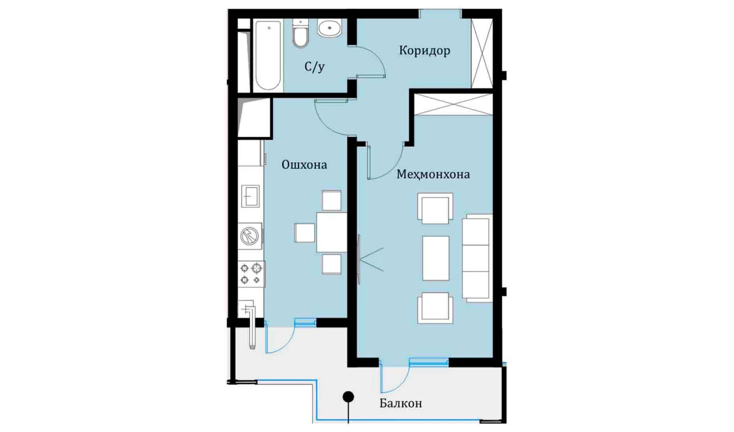 1-xonali xonadon 42.55 m²  16/16 qavat | SOKIN DIYOR Turar-joy majmuasi