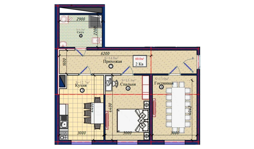 2-комнатная квартира 60 м²  1/10 этаж | Жилой комплекс NURAFSHON