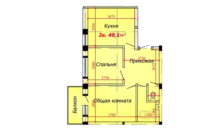2-xonali xonadon 49.1 m²  4/9 qavat | VATAN Turar-joy majmuasi