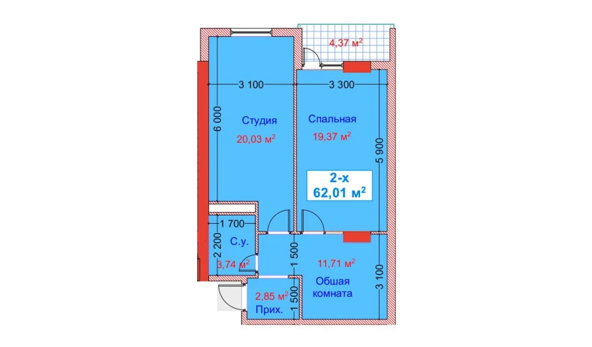 2-xonali xonadon 62.01 m²  6/8 qavat | CAPITAL AVENUE Turar-joy majmuasi