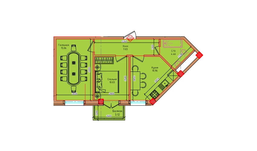 2-xonali xonadon 50.66 m²  7/8 qavat | Markaz Turar-joy majmuasi