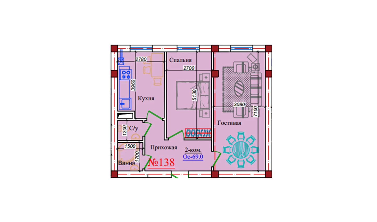 2-xonali xonadon 69 m²  1/9 qavat | ZAR ZAMONAVIY UYLAR Turar-joy majmuasi