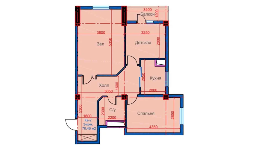 3-xonali xonadon 70.46 m²  7/12 qavat | Sokin city Turar-joy majmuasi