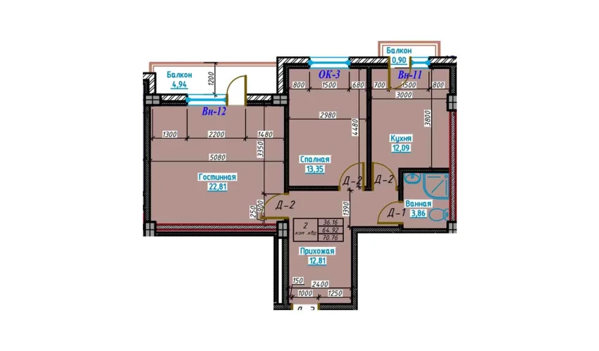 2-xonali xonadon 70.7 m²  7/13 qavat | Bog'dod City Turar-joy majmuasi