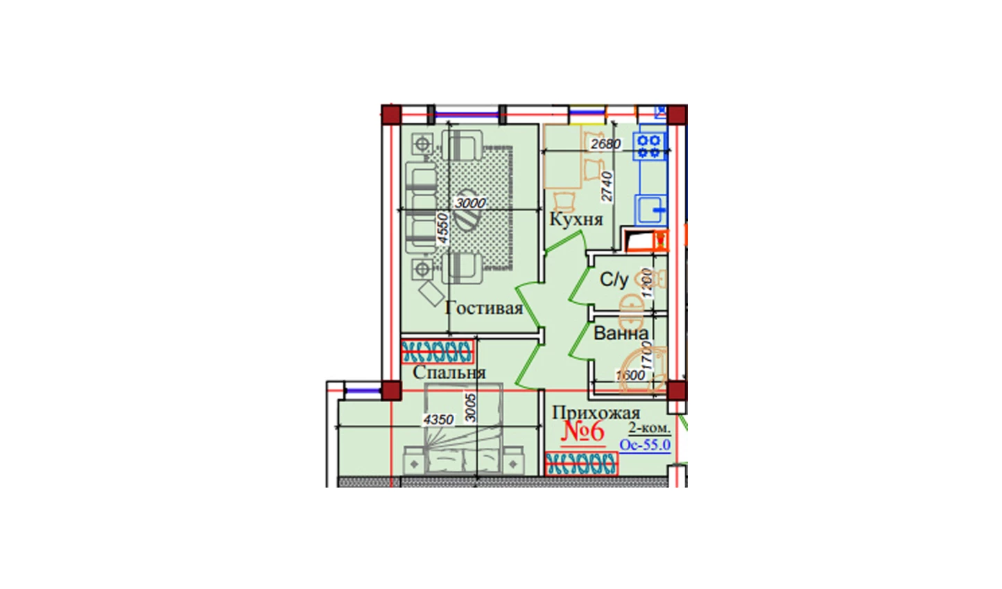 2-xonali xonadon 55 m²  6/9 qavat | ZAR ZAMONAVIY UYLAR Turar-joy majmuasi