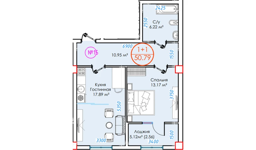 1-комнатная квартира 50.79 м²  7/16 этаж | Жилой комплекс ALFA CITY